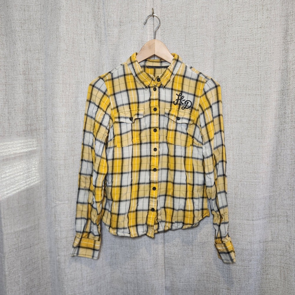 Harley Davidson Women's S-M Plaid Button‎ Up Embroidered Yellow Sales/Service HD